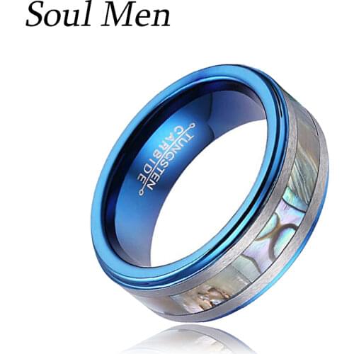 8mm Comfort Fit Tungtsen Carbide Abalone Shell Wolfram Rings Blue Wedding Band for Men Women Finger Jewellry