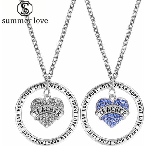 White Pink Blue Rhinestone Crystal Teacher Necklace Heart Love Trust Dream Hope Pendant Necklace Fashion Teachers Day Gifts