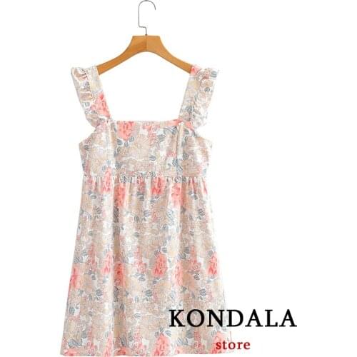 KONDALA Dress Za Fashion Women Vintage Floral Print Mini Cami Dress Ruffles Trim Beach Style Dresses Female Summer Vestidos