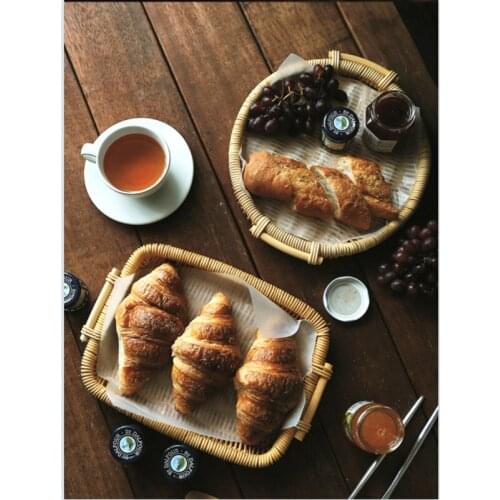 Round Rattan Storage Hand-Woven Tray Wicker Basket For Bread Fruit Food Tea Flower Breakfast Display Storage Baskets