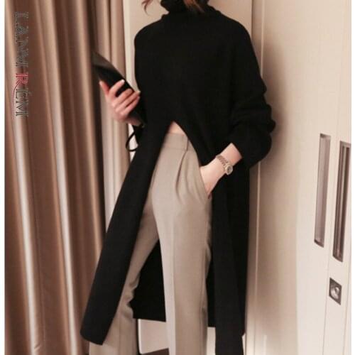 LANMREM Korean 2021 Autumn Winter New Women Clothing Personalized High Waist Split Style Fashion High Collar Long Dress WO009