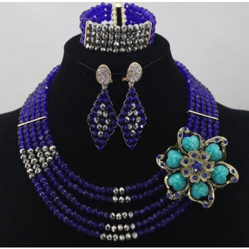 Mix of Royal Blue Crystal And Gray in Full Set Available in Other Colors 5 Layers African Beads Jewelry Set Wholesale ALJ677