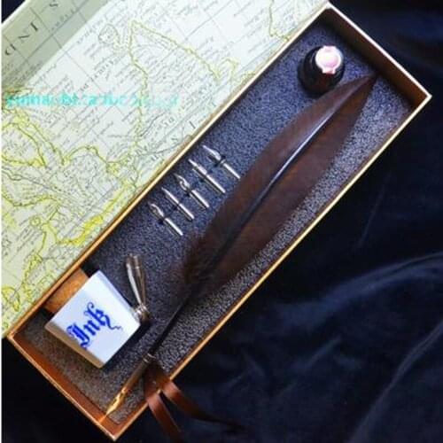 Coffee Color Quill Feather Pen Set with 5 Nibs 1 Ink Ceraminc Pen Holder Signature Calligraphy Wedding Gift Handwriting Dip Pen