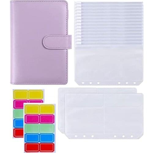 NEW-18Pcs A6 PU Leather Binder Cover with 6 Ring Binder Pockets Envelopes for Cash Budget System Documents Cards