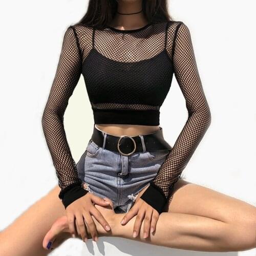 Long Sleeve Black Top Sexy Shirts For Women Emo Clothes Melanin Shirt Woman Tshirts Hotsale Goth Crewneck See Through Mesh Crop