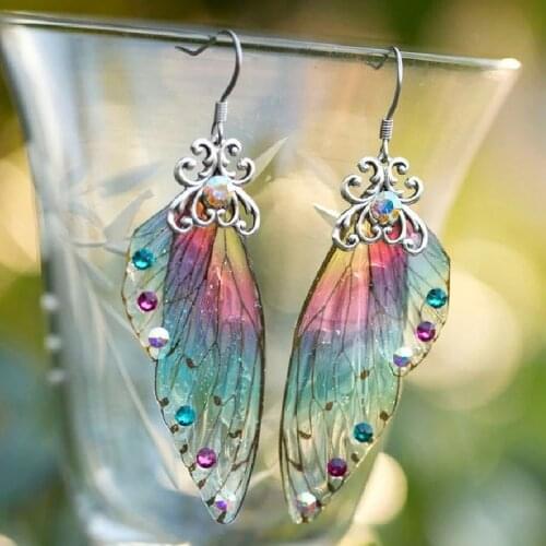 Minar Fantasy Neon Green Rhinestone Cicada Wings Earrings Fairy Butterfly Gradient Pink Blue Sequins Long Drop Dangle Earrings