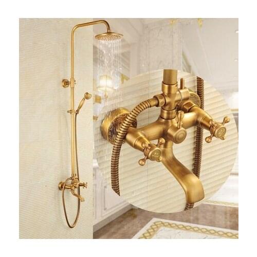 Bathroom Retro Shower Set Faucet + Tub Mixer Tap + Handheld Shower + Tub Spout Antique Brass Mixer Tap Dual Handles Wall Mounted