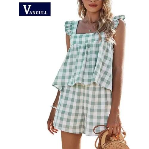 Vangull Women Plaid Sports And Leisure Suit Square Collar Flying Sleeves Loose Top Elastic Waist Loose Bottoms Female Suit