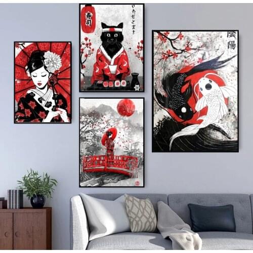 Japanese Geisha Cat Nordic Canvas Painting Poster Prints Wall Art Pictures Modern for Living Room Home Decor Anime Poster