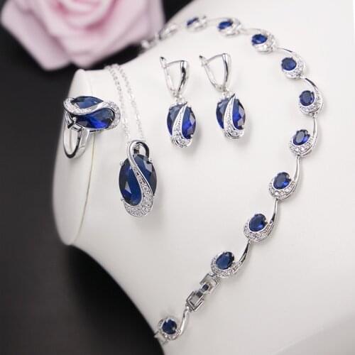 Xutaayi Blue Cubic Zirconia Silver 925 Jewelry Sets Women With Earrings Bracelet Necklace Pendant Ring Birthday Gift