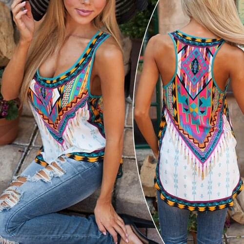 Plus Size S-4XL Boho Womens Floral Summer Vest Sleeveless Beach Shirt Tops T-Shirt Womens Clothing