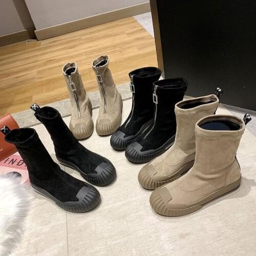 Black Khaki Mid Calf Boots Women Fashion Platform Front Zipper Slip On Long Sock Boots Harajuku Gothic Shoes 2020 Casual Flats