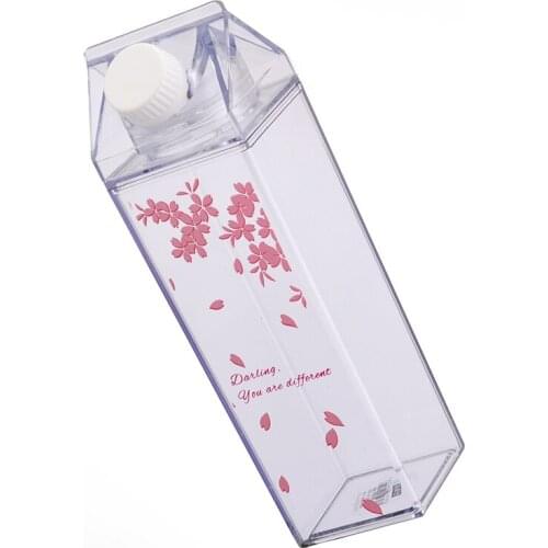 500ml Milk Box Shape Drinking Bottle Clear Plastic Flower Fruit Pattern Water Bottle For Juice Milk Water Drinkware Portable