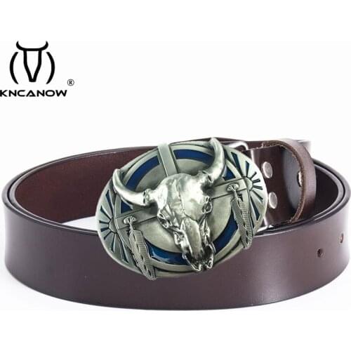 Man Cowboy Jean Strap Mens Genuine Leather Belt Cowhide Wild Western Cow Bull Head Skull Pattern Metal Buckle Free Shipping