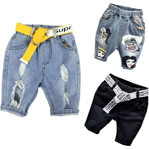 Summer Baby Boy Shorts Denim Cowboy Casual Short Pants Holes Jeans Fashon Cartoon Print Broken Hole Stylish Costume Streetwear