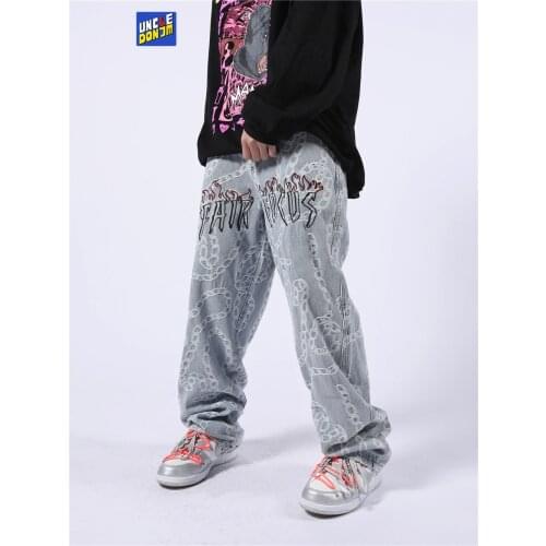 UNCLEDONJM Chain Print Hip Hop men Jeans High Street Skateboard Casual Pants Trendy Loose Straight vintage jeans men CHGU-88183