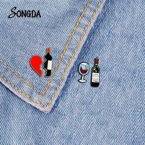 Broken Heart Wine Bottle Art Epoxy Pins Red Wine Cup Acrylic Brooch Icons Backpack Denim Shirt Badges Party Time Couple Jewelry