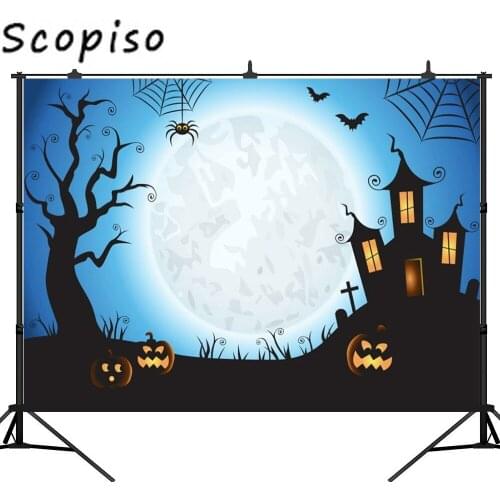 Scopiso Photophone Halloween Backdrop Pumpkin Lantern Spider Web Moon Bat Castle Vinyl Photography Background For Photo Studio