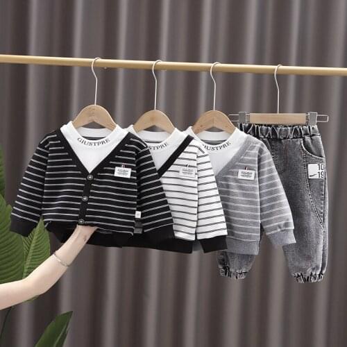 JY 2Piece/Set Boys Stripe Hoodie+Jeans Fake Three-Piece Casual Printed Letter 80 90 100 110 XZ01