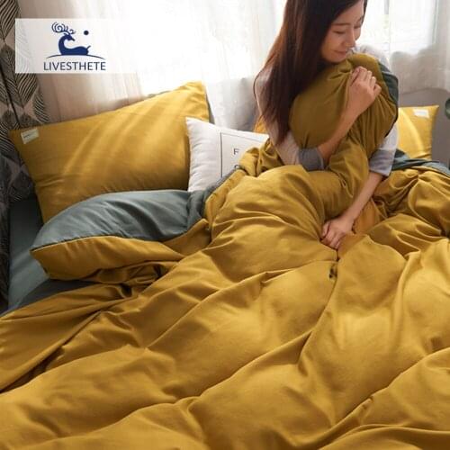 Liv-Esthete Elastic Band Fitted Flat Sheet Double Duvet Cover Family Bedspread Home Decor Textilles Yellow Gray Bed Linen Set
