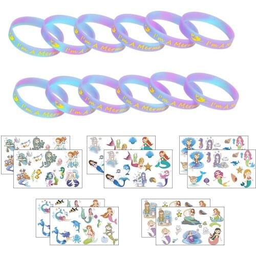 METABLE 12pcs I'm A Mermaid Bracelets and 10sheet Mermaid Temporary Tattoos Under the Sea Themed Party Goody Bag Gifts For Child