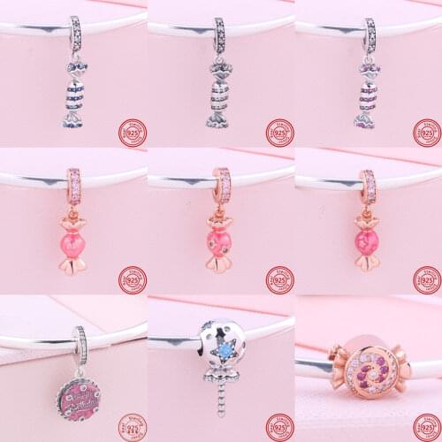 2021 New Lollipop Pink Candy Lucky Cat Flower 925 Sterling Silver Beads Fit Original Pandora Charms Bracelet Women Jewelry Gifts