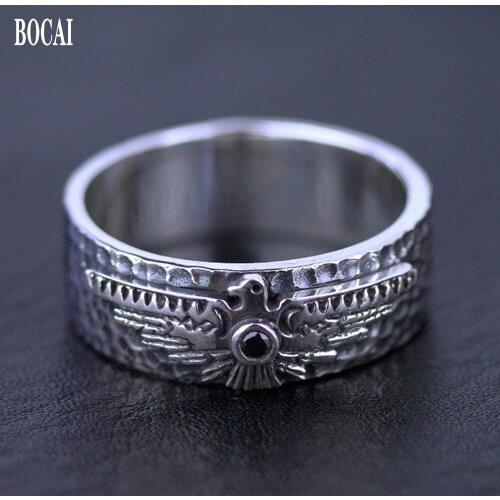 New Thai Silver real S925 Sterling Silver Mens Ring Fashion Flying Eagle Badge Ring for Man