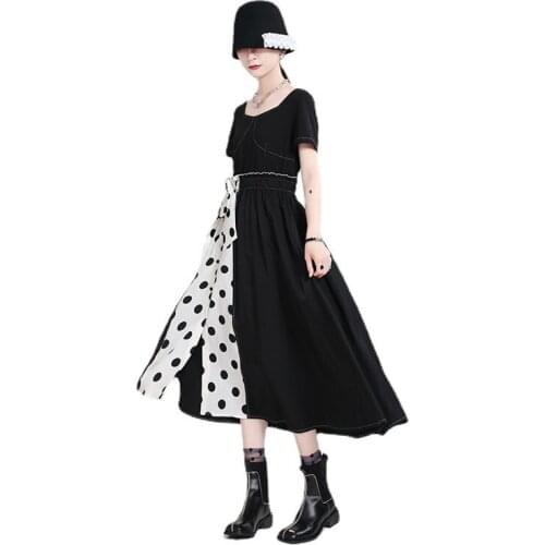 New Vintage French Style Women Black Dress Elegant Polka Dot Print Bow Patchwork Loose A-Line Fashion Short Sleeve Dresses Party
