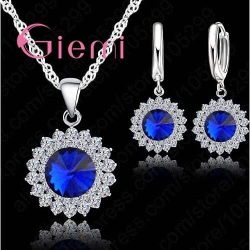 New Arrival Classical Sun Flowers Pendant 925 Sterling Silver Necklace+Earrings Crystal Jewelry For Women Ladies Wedding