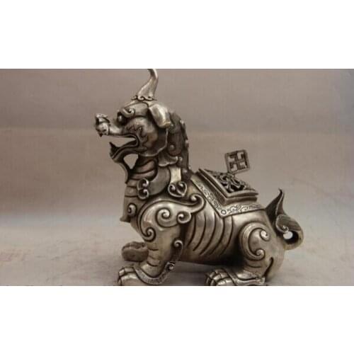 Song voge gem S1572 China White Copper Silver Lucky kylin unicorn Foo Dog Lion Incense Burner Censer