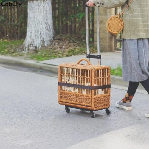 Handmade Rattan Cat Outing Trolley Bag Labor-saving Universal Wheel Trolley Case Breathable Basket Cat Bag