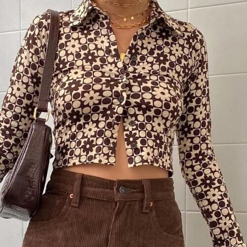 Vintage 90s Floral Print Brown Shirts Y2K Streetwear Turn-Down Collar Buttons Long Sleeve Crop Tops 2021 Summer Blouses