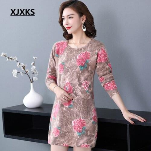 XJXKS Spring 2020 New High-end Printed Mink Cashmere Women Knitted Dress Loose Plus Size Comfortable Women Long Sweater Pullover