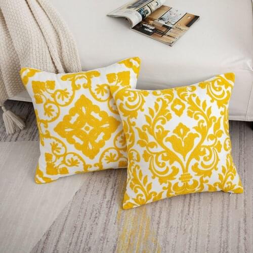 Yellow Geometric Embroidery Cushion Cover Flower Leaves Pillow Cover 45x45cm Living Room Sofa Home Decoration Pillowcse