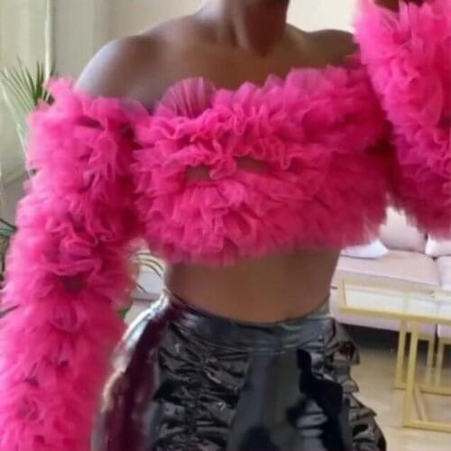 Elegant Off Shoulder Long Sleeves Organza Puffy Blouse Shirt Women Fuchsia Short Tulle Top Custom Made