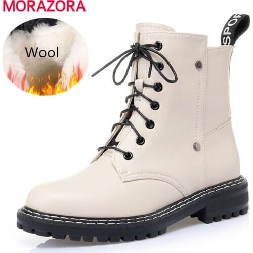 MORAZORA Plus size 35-43 HOT Ankle Boots Nature Wool Warm Snow Boots Lace Up Womens Motorcycle Boots Women Winter Botas Female