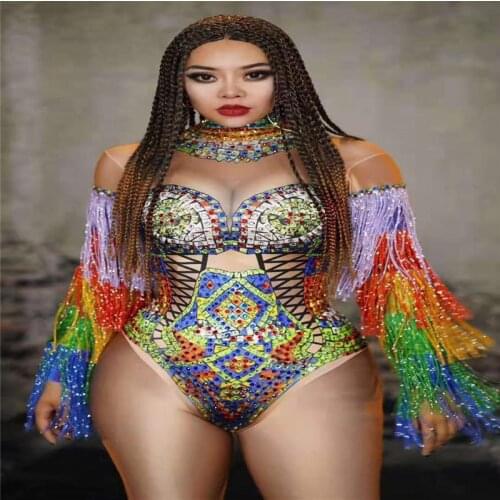 Female Multi-color rhinestone fringe bodysuit sexy crystals leotard dance costume tassel outfit women dress bar party wears