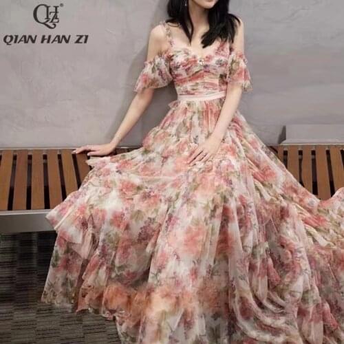 Qian Han Zi designer high-end custom Women Spaghetti Strap Long Dress summer Mesh flowers print fashion elegant beach Maxi dress
