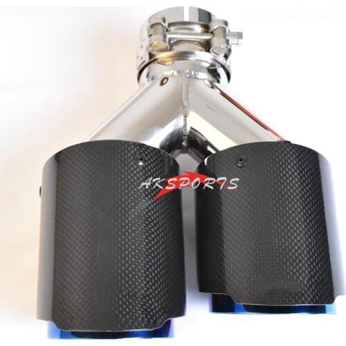 1 PC Right Side Dual Glossy Carbon Fiber Muffler Tip A Logo Double Blue Stainless Steel Exhaust Tip Flange Straight For BMW E90