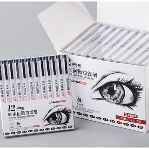 12Pcs Needle Drawing Pen Waterproof Pigment liner Hook Pens For Signature Artist + Brush Pen Fineline Sketch Cartoon Marker