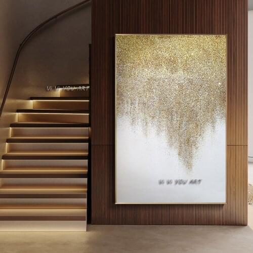 Abstract Oil Painting Golden and White Large Size Canvas Modern Wall Art Minimalist Handmade Decoration Living Room Office