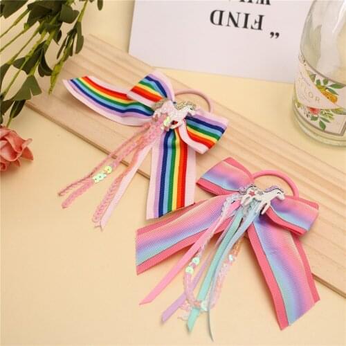 CN Hair Accessories Rainbow Elastic Hair Band Girl Sequin Ponytail Holder Rainbow Ribbon Knot Glitter Unicorn Hair Scrunchies