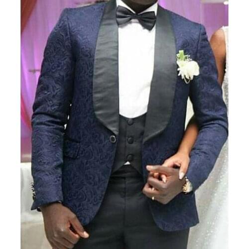 Floral Jacquard Wedding Tuxedo for Groom 3 Piece Slim Fit Men Suits Navy Blue Jacket with Waistcoat Pants African Male Fashion
