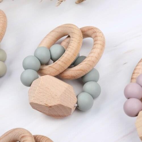 Wooden Rattle Beech Hand Teething Ring Baby Teether Play Gym Montessori Toy GXMB