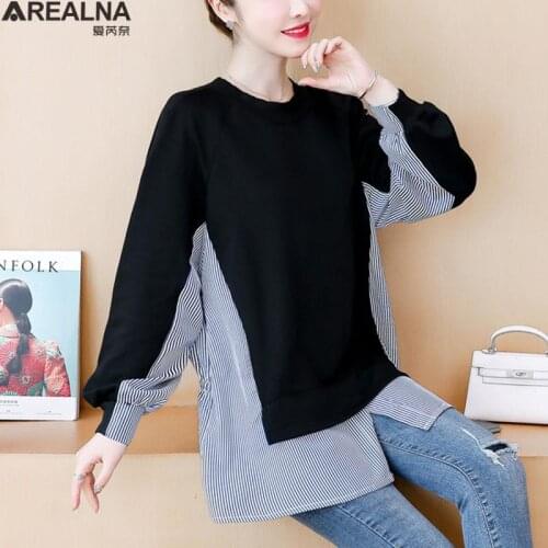 Oversized t shirt women 2021 autumn vintage stripe Patchwork Folds loose t-shirts long sleeve loose tees camisetas de mujer 5xl