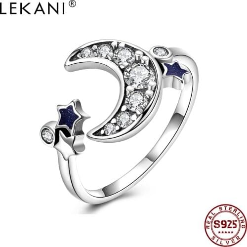 LEKANI Adjustable Open Women Rings 925 Sterling silver Luxury Cubic Zircon Star & Moon Ladies Wedding Ring Boutique Jewelry Hot