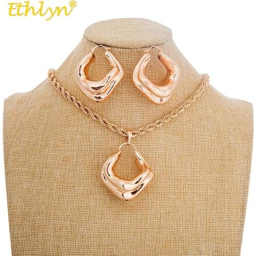 Ethlyn Female Metal Earrings Necklace Jewelry Sets Hollow Square Pendant African Jewelry Set Luxury Rose Gold Women Wedding Gift