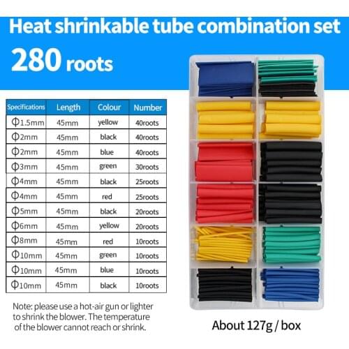 280pcs/set Heat shrink tube kit Insulation Sleeving Polyolefin 2: 1 Shrinkable Assorted kit for quick repair of wire cable