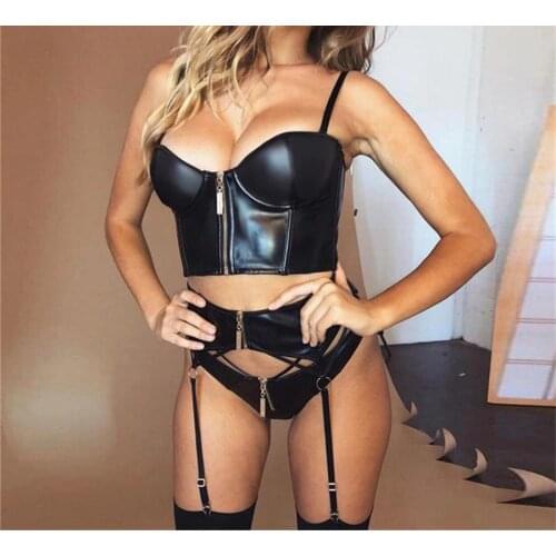 3PC Women Ladies Underwear Suit PU Leather Black Spaghetti Strap Tank Top + Waist Garter + Panty Sets Black