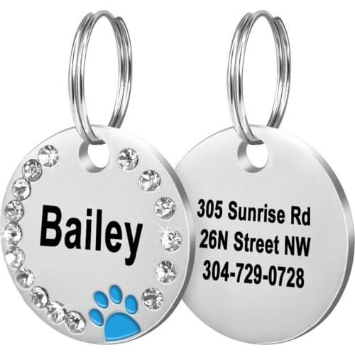 Round Paw Diamond Personalized Dog Tag Custom Pet Puppy Cat ID Tag Engraved Name Number for Dogs Cats Collar Accessories